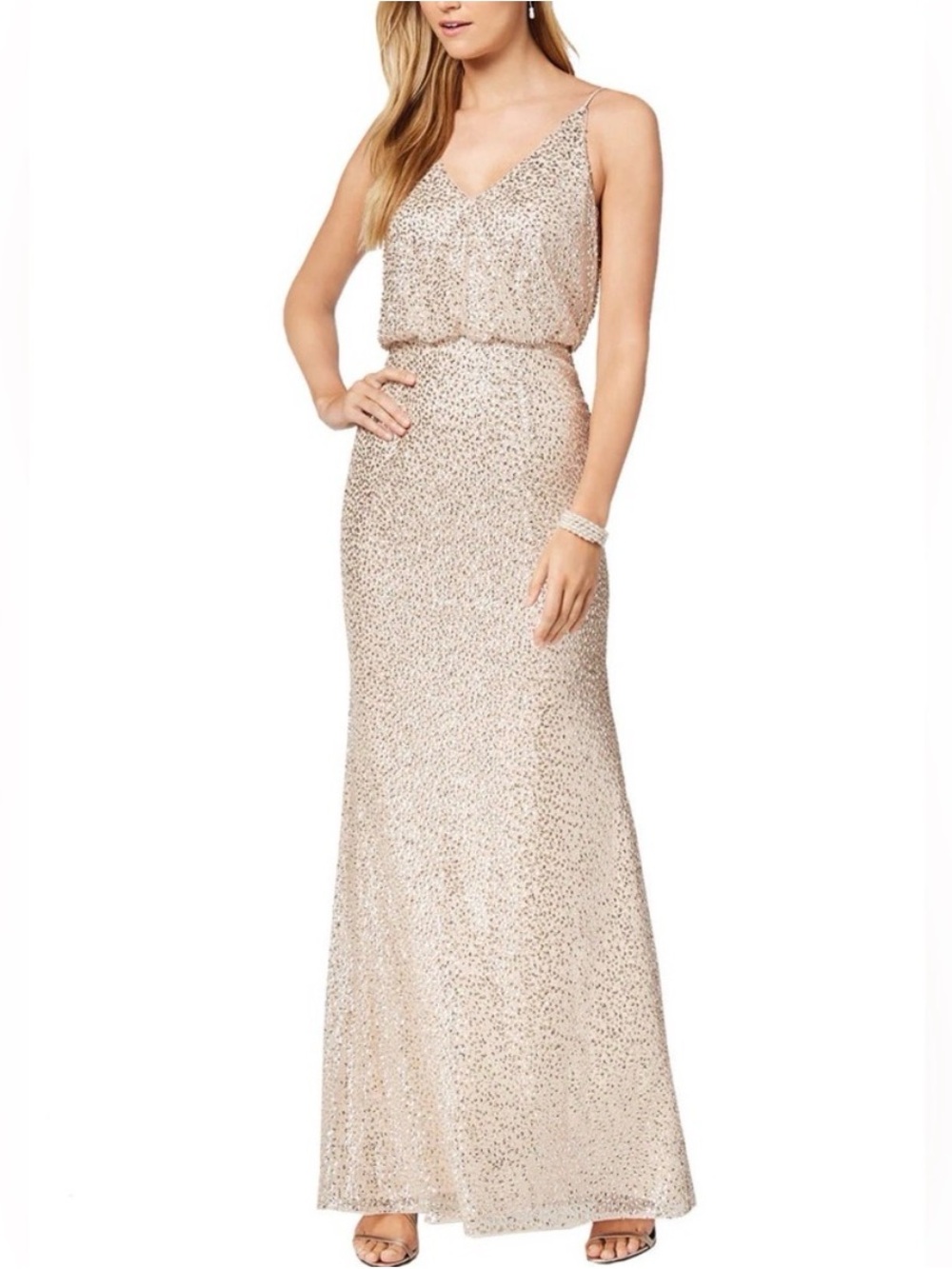 Adrianna Papell Champagne Sequin Blouson Maxi Dress Cream 6 Nude Neiman Marcus